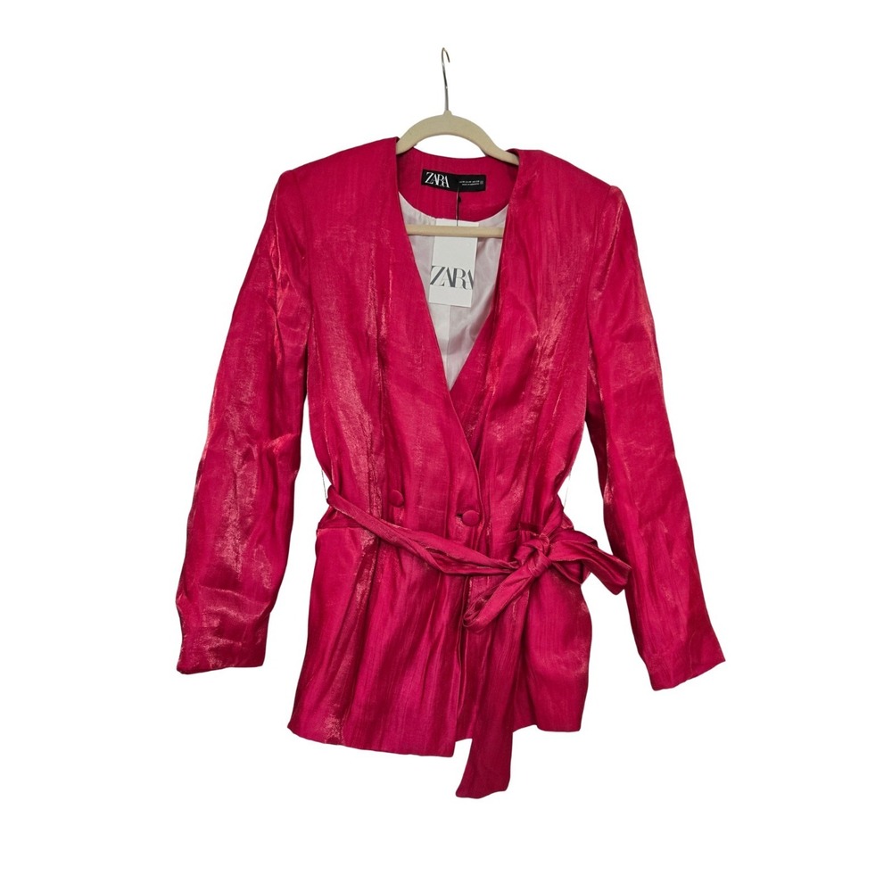 Zara Shiny Satin Wrinkle Effect Belted Shoulder Pad Blazer Fushia Size M NWT - Picture 2 of 10